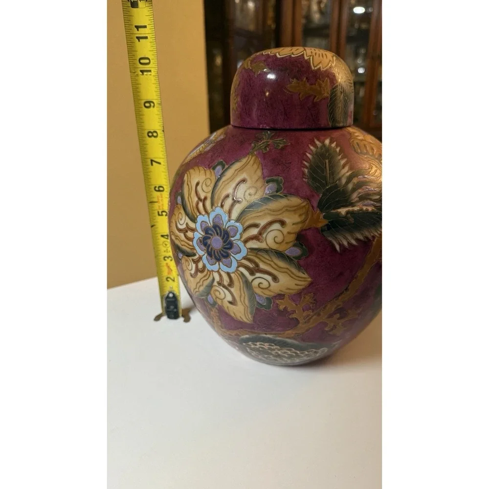 Vintage Hand painted Chinese Vase W Lid pottery With Floral &‎ Butterfly Accents